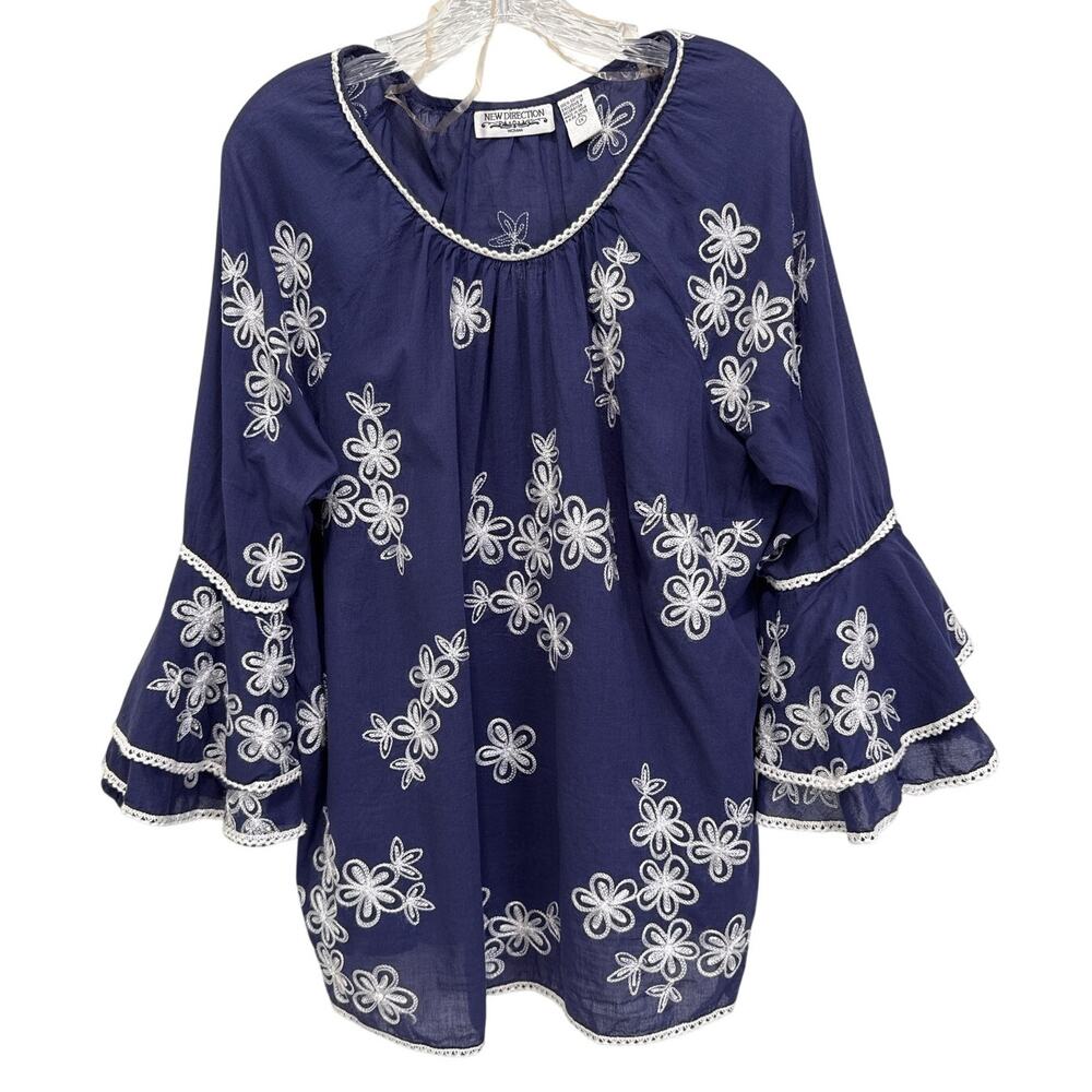 Boho Vintage Embroidered Sheer Cotton Wide Bell Sleeve Top Size‎ 1X Blue Peasant